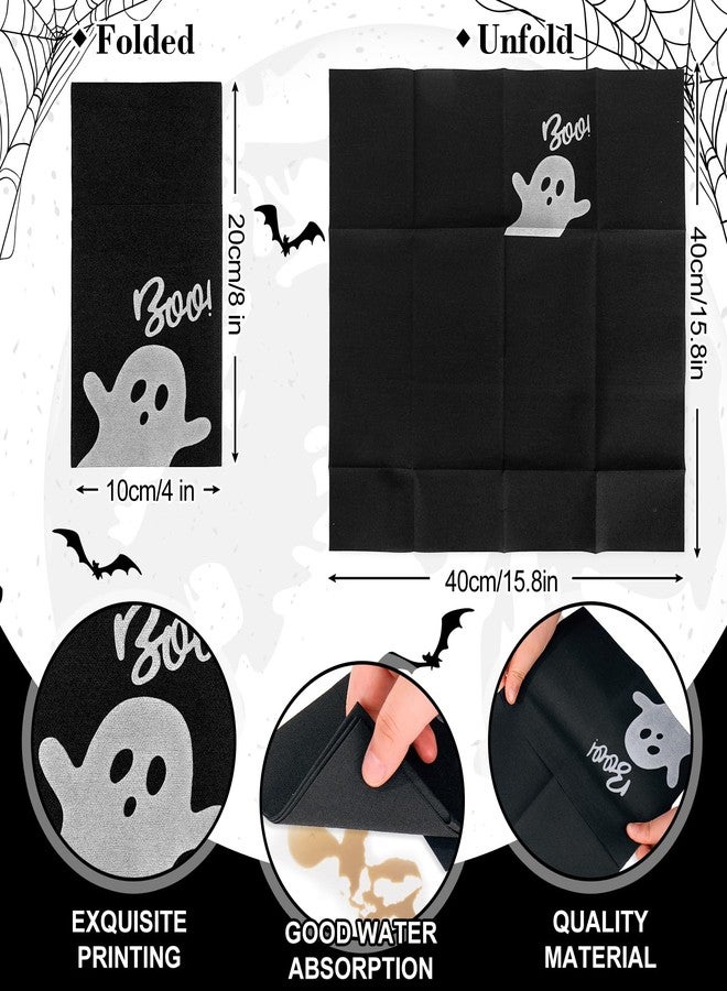 JarThenaAMCS مناديل ورقية سوداء لطيفة بتصميم شبح هالوين من JarThenaAMCS، 50 قطعة، مصنوعة من قماش الكتان الناعم، مزودة بجيب مدمج لأدوات المائدة. مثالية لحفلات أعياد الميلاد والهالوين. - Image 2